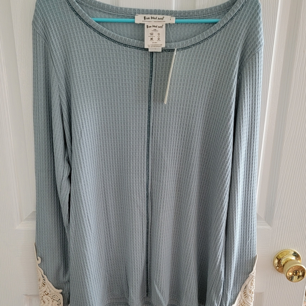 Long sleeve waffle knit shirt with lace sleeves